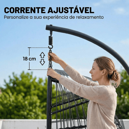 Outsunny Cadeira Suspensa Ovo com Suporte Baloiço Cadeira Suspensa com Cesto Dobrável de Vime Almofada Grossa Apoio de Cabeça Altura Ajustável Estrutura Metálica para Interior e Exterior Cinza Claro Outsunny Cadeira Suspensa Ovo com Suporte Baloiço Cadeira Suspensa com Cesto Dobrável de Vime Almofada Grossa Apoio de Cabeça Altura Ajustável Estrutura Metálica para Interior e Exterior Cinza Claro