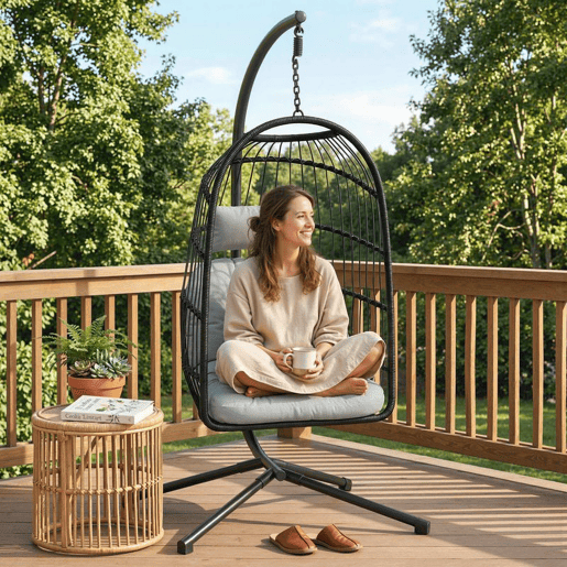 Outsunny Cadeira Suspensa Ovo com Suporte Baloiço Cadeira Suspensa com Cesto Dobrável de Vime Almofada Grossa Apoio de Cabeça Altura Ajustável Estrutura Metálica para Interior e Exterior Cinza Claro Outsunny Cadeira Suspensa Ovo com Suporte Baloiço Cadeira Suspensa com Cesto Dobrável de Vime Almofada Grossa Apoio de Cabeça Altura Ajustável Estrutura Metálica para Interior e Exterior Cinza Claro