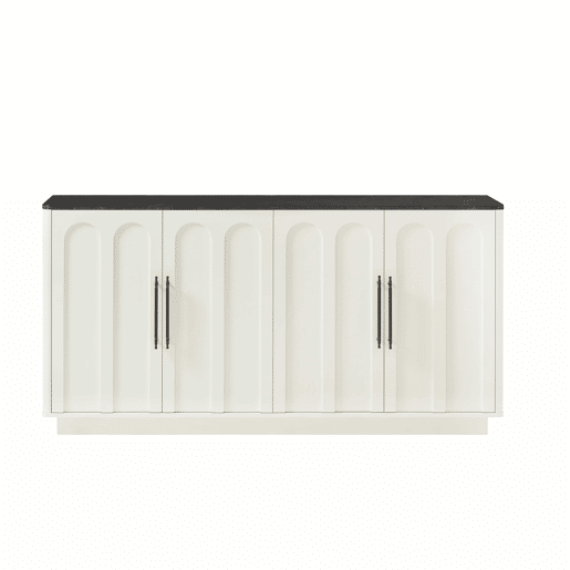 Aparador de 160 cm - frente arqueada, 4 portas, dobradiças com fecho suave, sistema anti-tombamento, armário de arrumação para sala de estar e sala de jantar - branco e preto Aparador de 160 cm - frente arqueada, 4 portas, dobradiças com fecho suave, sistema anti-tombamento, armário de arrumação para sala de estar e sala de jantar - branco e preto