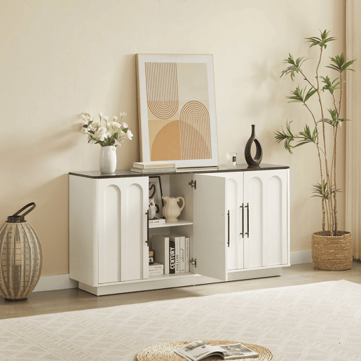 Aparador de 160 cm - frente arqueada, 4 portas, dobradiças com fecho suave, sistema anti-tombamento, armário de arrumação para sala de estar e sala de jantar - branco e preto Aparador de 160 cm - frente arqueada, 4 portas, dobradiças com fecho suave, sistema anti-tombamento, armário de arrumação para sala de estar e sala de jantar - branco e preto