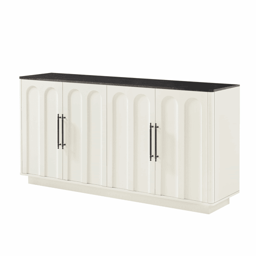 Aparador de 160 cm - frente arqueada, 4 portas, dobradiças com fecho suave, sistema anti-tombamento, armário de arrumação para sala de estar e sala de jantar - branco e preto Aparador de 160 cm - frente arqueada, 4 portas, dobradiças com fecho suave, sistema anti-tombamento, armário de arrumação para sala de estar e sala de jantar - branco e preto