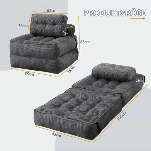 Poltrona dobrável 2 em 1 em veludo - sofá-cama com encosto ajustável, cama auxiliar e poltrona multifuncional para a sala de estar e o quarto - Cinza
