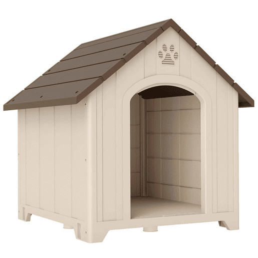 PawHut Casota de Exterior para Cães Grandes, Plástico Impermeável com 2 Janelas, Base Elevada, Estacas, Fácil Montagem, 88x79x89 cm, Bege