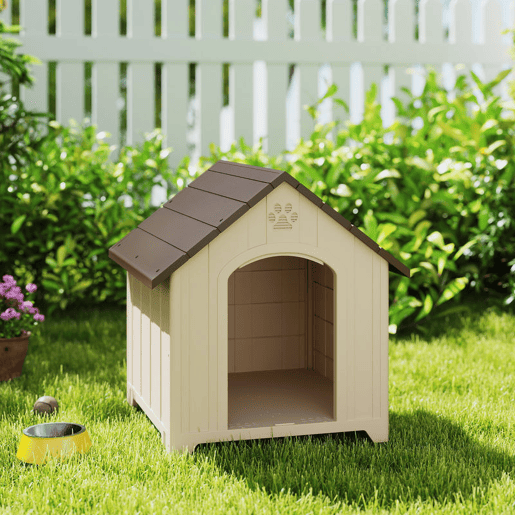 PawHut Casota de Exterior para Cães Grandes, Plástico Impermeável com 2 Janelas, Base Elevada, Estacas, Fácil Montagem, 88x79x89 cm, Bege