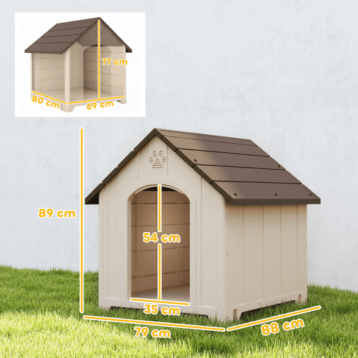 PawHut Casota de Exterior para Cães Grandes, Plástico Impermeável com 2 Janelas, Base Elevada, Estacas, Fácil Montagem, 88x79x89 cm, Bege