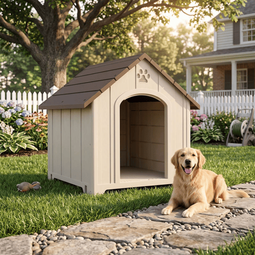 PawHut Casota de Exterior para Cães Grandes, Plástico Impermeável com 2 Janelas, Base Elevada, Estacas, Fácil Montagem, 88x79x89 cm, Bege