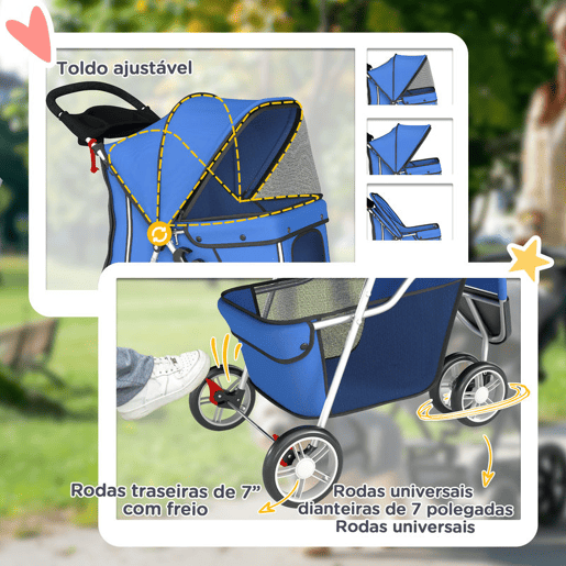 PawHut Carrinho para Cães Dobrável Carrinho de Passeio para Cães Pequenos com Cesto de Armazenamento Janelas de Malha Suporte para Copos e Rodas Carga 10 kg 77x44x102 cm Azul PawHut Carrinho para Cães Dobrável Carrinho de Passeio para Cães Pequenos com Cesto de Armazenamento Janelas de Malha Suporte para Copos e Rodas Carga 10 kg 77x44x102 cm Azul