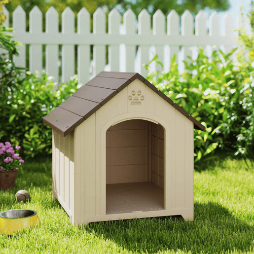PawHut Casota para Cães Exterior, Casota Extragrande de Plástico Impermeável com 2 Janelas, Base Elevada e Estacas, Fácil Montagem, 102x94x103 cm, Bege