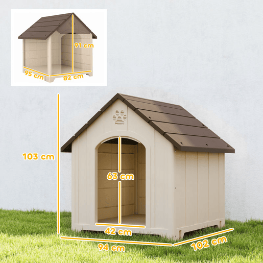 PawHut Casota para Cães Exterior, Casota Extragrande de Plástico Impermeável com 2 Janelas, Base Elevada e Estacas, Fácil Montagem, 102x94x103 cm, Bege