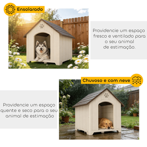 PawHut Casota para Cães Exterior, Casota Extragrande de Plástico Impermeável com 2 Janelas, Base Elevada e Estacas, Fácil Montagem, 102x94x103 cm, Bege