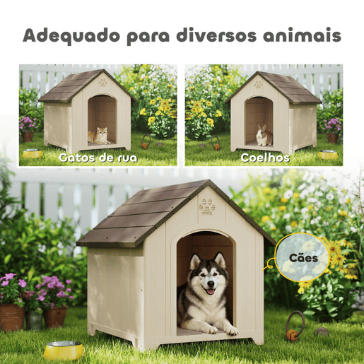 PawHut Casota para Cães Exterior, Casota Extragrande de Plástico Impermeável com 2 Janelas, Base Elevada e Estacas, Fácil Montagem, 102x94x103 cm, Bege