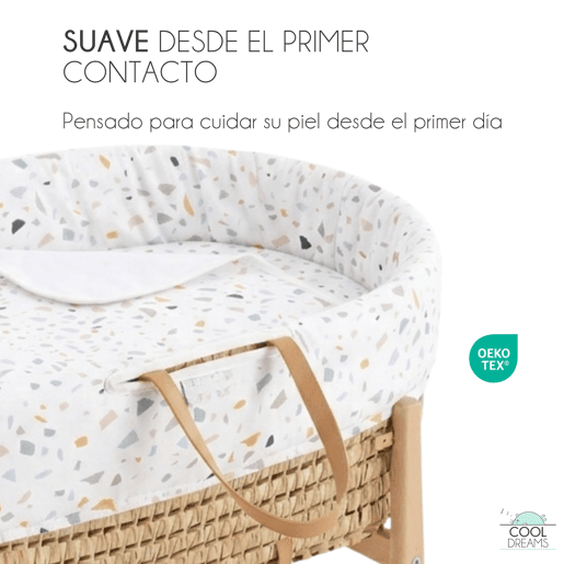 Moisés completo para bebê (roupa de algodão Zenith Granite + colchão perfurado + estrutura de balanço + brinde: 2 lençóis impermeáveis)