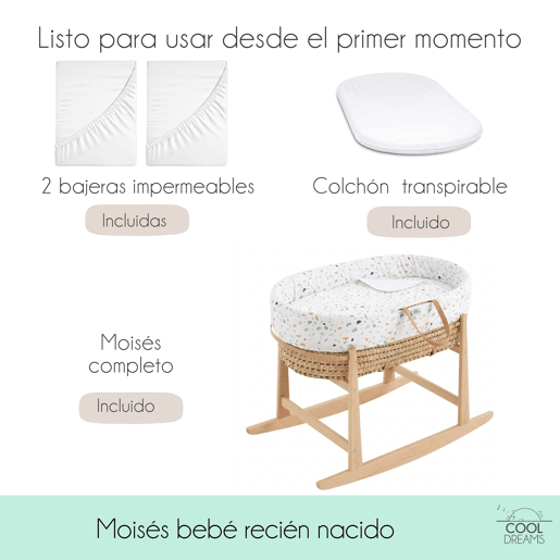 Moisés completo para bebê (roupa de algodão Zenith Granite + colchão perfurado + estrutura de balanço + brinde: 2 lençóis impermeáveis)