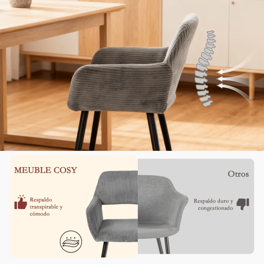 MEUBLES COSY Conjunto 1 Mesa Redonda MDF 80 cm e Conjunto de 2 Cadeiras em Pana, Coluna de Aço, Pés Madeira, Cantos Arredondados, Carvalho  Cinza