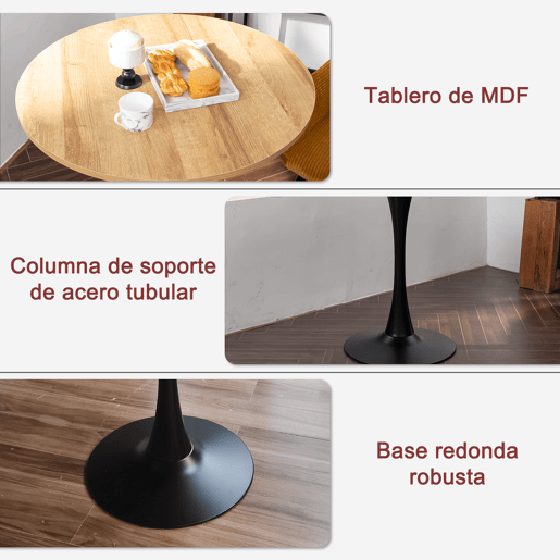 MEUBLES COSY Conjunto 1 Mesa Redonda MDF 80 cm e Conjunto de 2 Cadeiras em Pana, Coluna de Aço, Pés Madeira, Cantos Arredondados, Carvalho  Bege