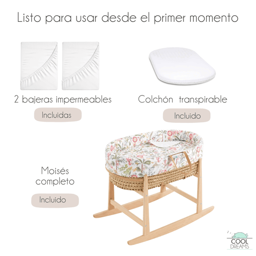 Moisés completo para bebê (roupa de algodão Safari Jungle + colchão perfurado + estrutura de balanço + brinde: 2 lençóis impermeáveis)