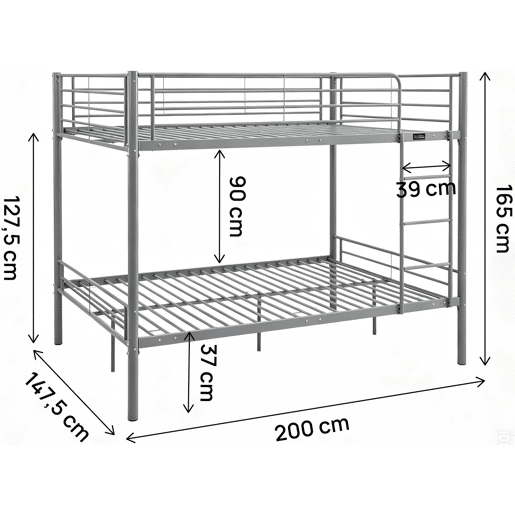 Cama de beliche dupla Adam com estrado de molas - 140 x 190 cm - Cinzento
