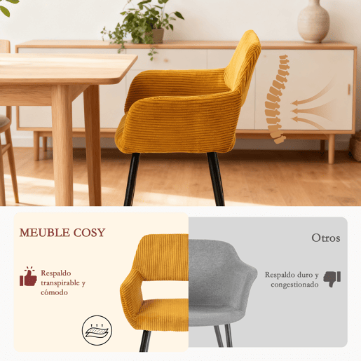 MEUBLES COSY Conjunto 1 Mesa Redonda MDF 80 cm e Conjunto de 2 Cadeiras em Pana, Coluna de Aço, Pés Madeira, Cantos Arredondados,Carvalho  Mostarda
