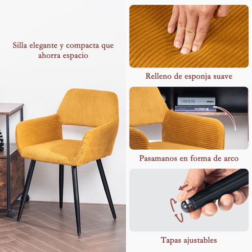 MEUBLES COSY Conjunto 1 Mesa Redonda MDF 80 cm e Conjunto de 2 Cadeiras em Pana, Coluna de Aço, Pés Madeira, Cantos Arredondados,Carvalho  Mostarda
