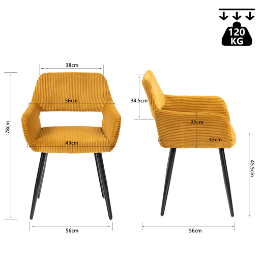 MEUBLES COSY Conjunto 1 Mesa Redonda MDF 80 cm e Conjunto de 2 Cadeiras em Pana, Coluna de Aço, Pés Madeira, Cantos Arredondados,Carvalho  Mostarda