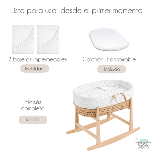 Moisés completo para bebê (roupa de algodão Grey Atlantis + colchão perfurado + estrutura de balanço + brinde: 2 lençóis impermeáveis)
