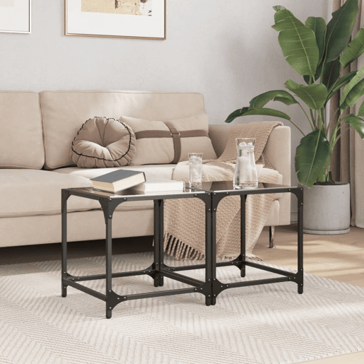 2pcs Mesas de centro, Mesas baixas c topo em vidro preto 40x40x40 cm aço