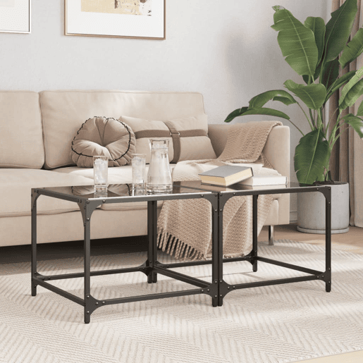 2pcs Mesas de centro, Mesas baixas c topo em vidro preto 50x50x40 cm aço