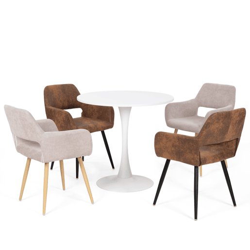 Conjunto de Mesa e 4 Cadeiras de Jantar Jogo de Mesa Redonda de MDF de 80cm e 2 Cadeiras Estofadas de Estilo Nórdico Moderno para Sala Cozinha Varanda Poupança de Espaço Sortido