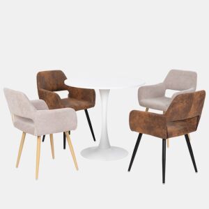 Conjunto de Mesa e 4 Cadeiras de Jantar Jogo de Mesa Redonda de MDF de 80cm e 2 Cadeiras Estofadas de Estilo Nórdico Moderno para Sala Cozinha Varanda Poupança de Espaço Sortido