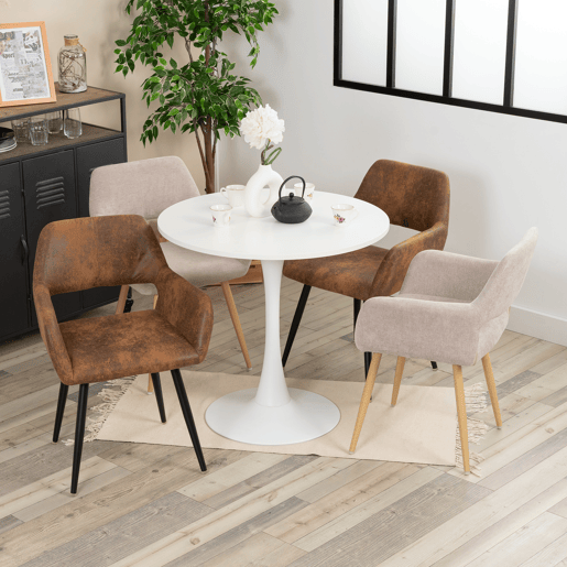 Conjunto de Mesa e 4 Cadeiras de Jantar Jogo de Mesa Redonda de MDF de 80cm e 2 Cadeiras Estofadas de Estilo Nórdico Moderno para Sala Cozinha Varanda Poupança de Espaço Sortido
