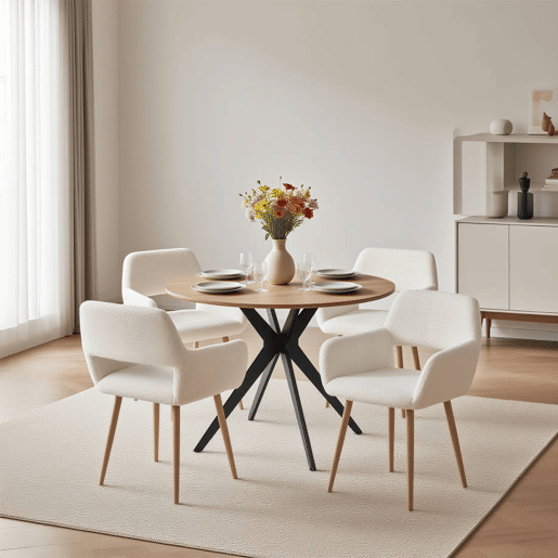 MEUBLES COSY Conjunto de Mesa e 4 Cadeiras de Jantar Jogo de Mesa Redonda de MDF de 80cm e 4 Cadeiras Estofadas de Estilo Nórdico, CarvalhoCreme