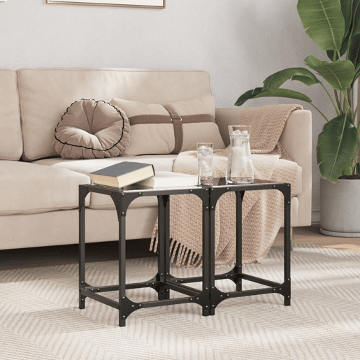 2pcs Mesas de centro, Mesas baixas c topo em vidro preto 30x30x40 cm aço