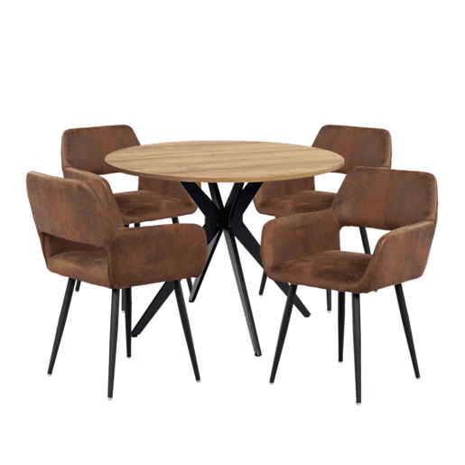 MEUBLES COSY Conjunto de Mesa e 4 Cadeiras de Jantar Jogo de Mesa Redonda de MDF de 80cm e 4 Cadeiras Estofadas de Estilo Nórdico, CarvalhoCastanho