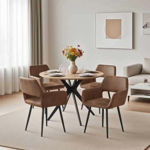 MEUBLES COSY Conjunto de Mesa e 4 Cadeiras de Jantar Jogo de Mesa Redonda de MDF de 80cm e 4 Cadeiras Estofadas de Estilo Nórdico, CarvalhoCastanho