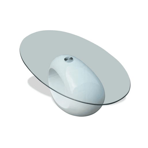 Mesa de Centro, Mesa baixa com tampo oval de vidro, branco brilhante Mesa de Centro, Mesa baixa com tampo oval de vidro, branco brilhante