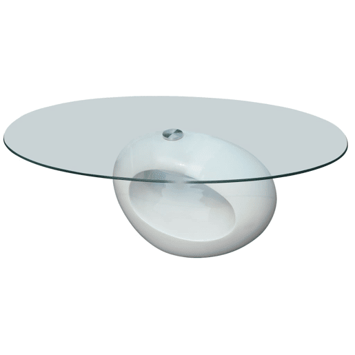Mesa de Centro, Mesa baixa com tampo oval de vidro, branco brilhante Mesa de Centro, Mesa baixa com tampo oval de vidro, branco brilhante
