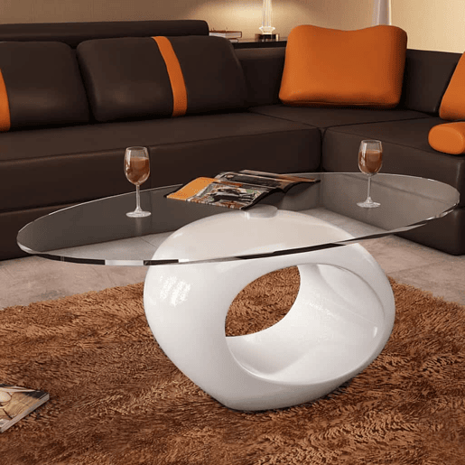 Mesa de Centro, Mesa baixa com tampo oval de vidro, branco brilhante Mesa de Centro, Mesa baixa com tampo oval de vidro, branco brilhante