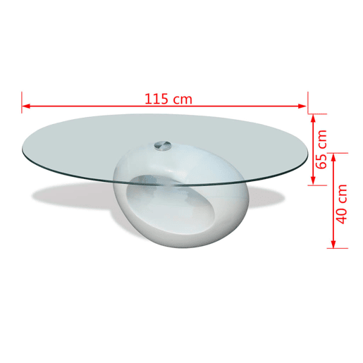 Mesa de Centro, Mesa baixa com tampo oval de vidro, branco brilhante Mesa de Centro, Mesa baixa com tampo oval de vidro, branco brilhante
