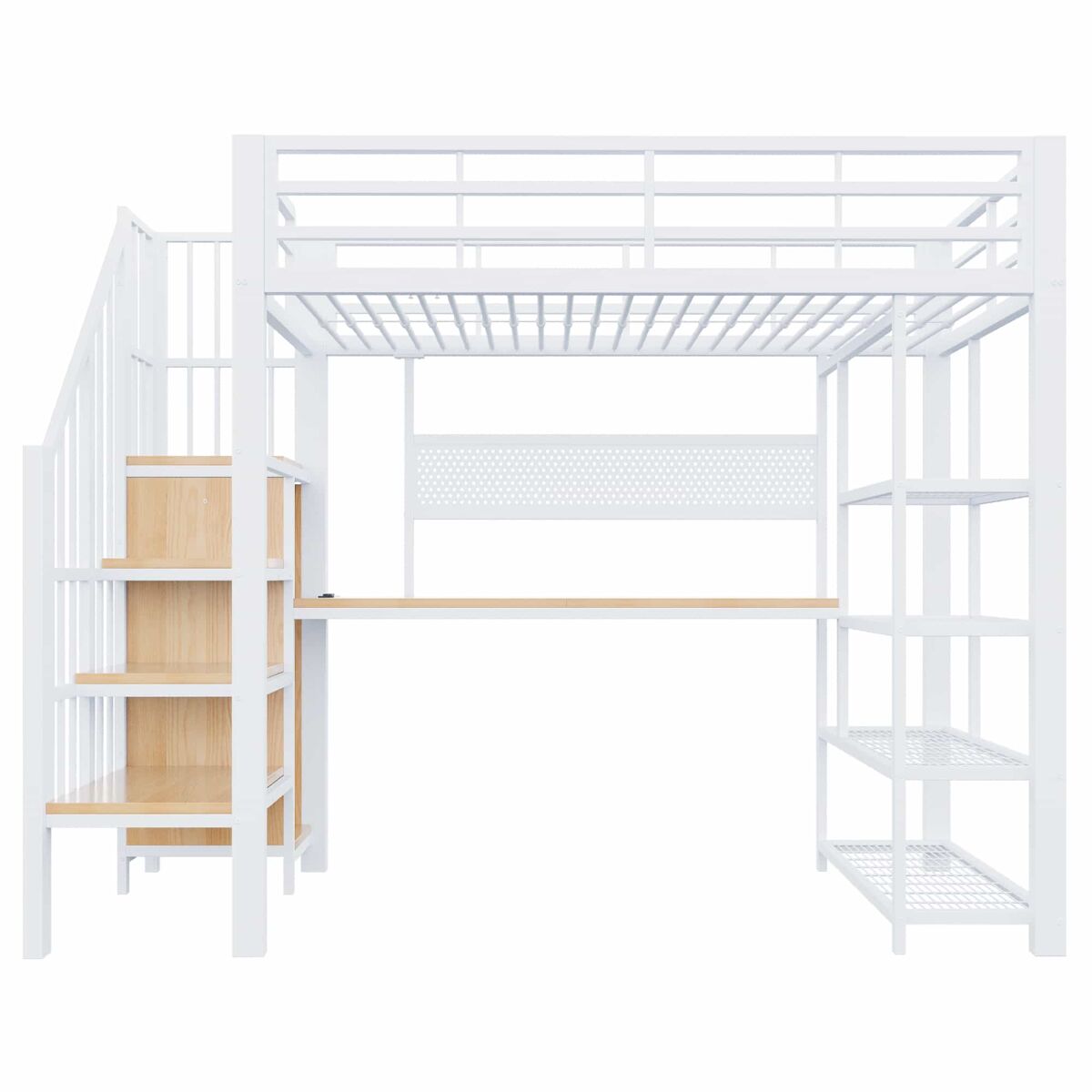 Cama alta 90x200 cm - escritorio largo, panel perforado, enchufes europeos, luz led, estantes múltiples, barandilla alta - blanco