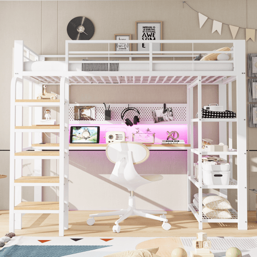 Cama alta metálica 90x200 cm - secretária com tomada CEE, iluminação LED multicolorida, várias prateleiras, escada vertical, pequena estante, painel metálico perfurado - branco Cama alta metálica 90x200 cm - secretária com tomada CEE, iluminação LED multicolorida, várias prateleiras, escada vertical, pequena estante, painel metálico perfurado - branco