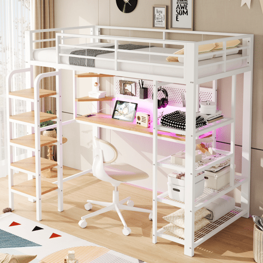 Cama alta metálica 90x200 cm - secretária com tomada CEE, iluminação LED multicolorida, várias prateleiras, escada vertical, pequena estante, painel metálico perfurado - branco Cama alta metálica 90x200 cm - secretária com tomada CEE, iluminação LED multicolorida, várias prateleiras, escada vertical, pequena estante, painel metálico perfurado - branco