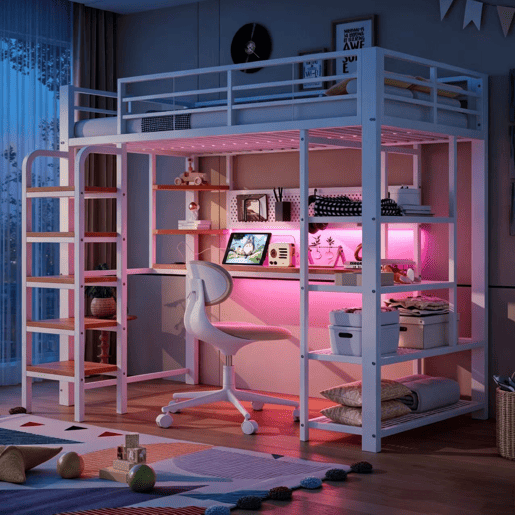 Cama alta metálica 90x200 cm - secretária com tomada CEE, iluminação LED multicolorida, várias prateleiras, escada vertical, pequena estante, painel metálico perfurado - branco Cama alta metálica 90x200 cm - secretária com tomada CEE, iluminação LED multicolorida, várias prateleiras, escada vertical, pequena estante, painel metálico perfurado - branco