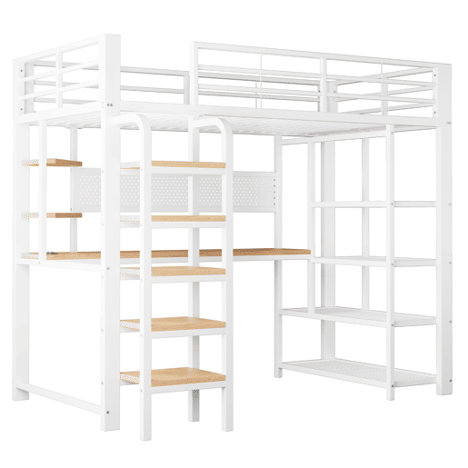 Cama alta metálica 90x200 cm - secretária com tomada CEE, iluminação LED multicolorida, várias prateleiras, escada vertical, pequena estante, painel metálico perfurado - branco Cama alta metálica 90x200 cm - secretária com tomada CEE, iluminação LED multicolorida, várias prateleiras, escada vertical, pequena estante, painel metálico perfurado - branco