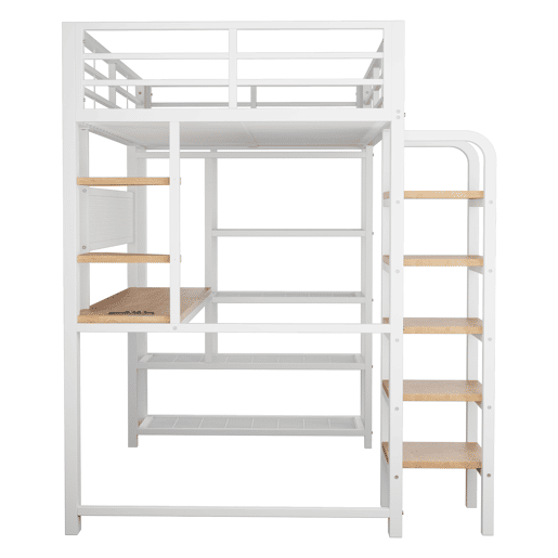 Cama alta metálica 90x200 cm - secretária com tomada CEE, iluminação LED multicolorida, várias prateleiras, escada vertical, pequena estante, painel metálico perfurado - branco Cama alta metálica 90x200 cm - secretária com tomada CEE, iluminação LED multicolorida, várias prateleiras, escada vertical, pequena estante, painel metálico perfurado - branco