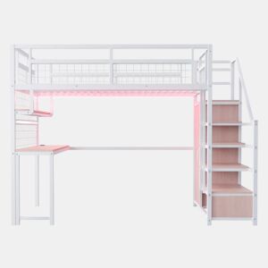 Cama alta metálica 140 x 200 cm - com escada com espaço de arrumação, roupeiro, prateleiras, mesa, estante em rede, faixa de luz e tomada - branca