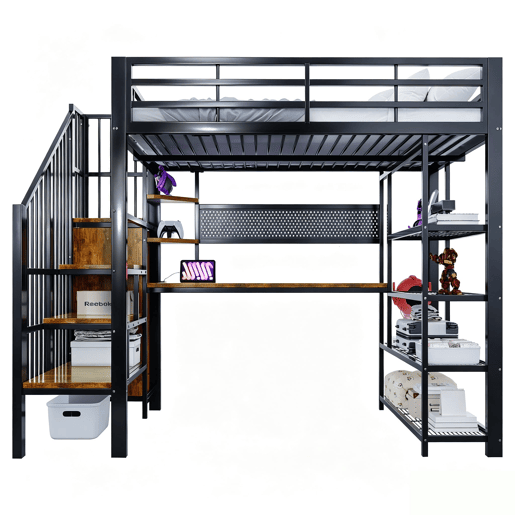 Cama alta metálica 140x200 - Secretária comprida, painel perfurado, várias prateleiras, luz LED, tomada Euro, grade alta - Preto Cama alta metálica 140x200 - Secretária comprida, painel perfurado, várias prateleiras, luz LED, tomada Euro, grade alta - Preto