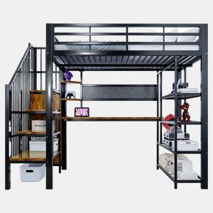 Cama alta metálica 140x200 - Secretária comprida, painel perfurado, várias prateleiras, luz LED, tomada Euro, grade alta - Preto
