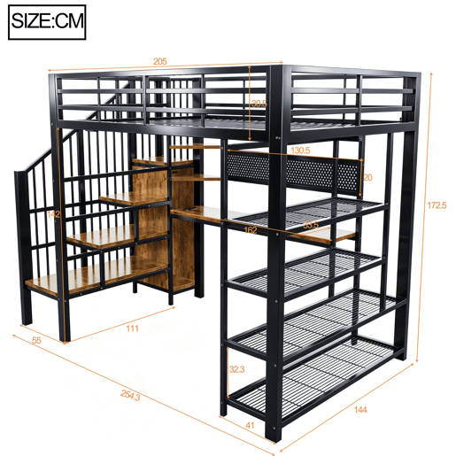 Cama alta metálica 140x200 - Secretária comprida, painel perfurado, várias prateleiras, luz LED, tomada Euro, grade alta - Preto Cama alta metálica 140x200 - Secretária comprida, painel perfurado, várias prateleiras, luz LED, tomada Euro, grade alta - Preto