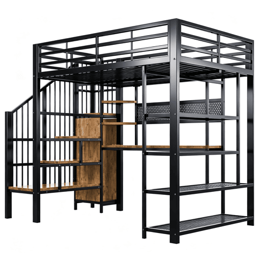 Cama alta metálica 140x200 - Secretária comprida, painel perfurado, várias prateleiras, luz LED, tomada Euro, grade alta - Preto Cama alta metálica 140x200 - Secretária comprida, painel perfurado, várias prateleiras, luz LED, tomada Euro, grade alta - Preto