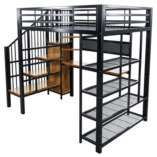 Cama alta metálica 140x200 - Secretária comprida, painel perfurado, várias prateleiras, luz LED, tomada Euro, grade alta - Preto Cama alta metálica 140x200 - Secretária comprida, painel perfurado, várias prateleiras, luz LED, tomada Euro, grade alta - Preto